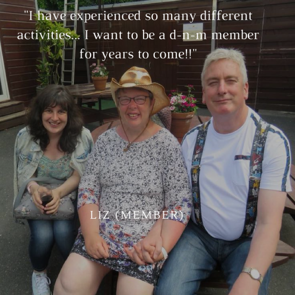 3 dates-n-mates members at an event smiling - with text saying "I have experiences so many different activies with dnm"